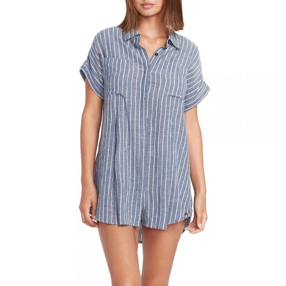 Volcom Coco Ho Sun Chambray Button Down Chest Pockets Stripe Tunic Shirt S